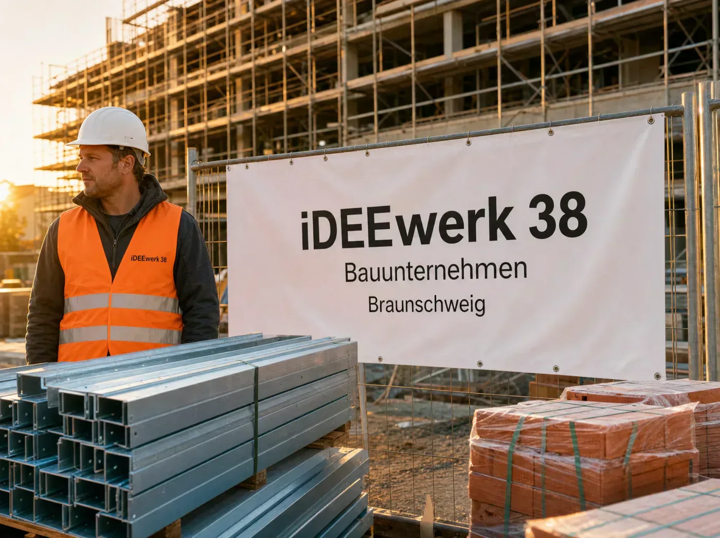Baustofflieferung iDEEwerk 38 — Materialien und Arbeiter auf Baustelle in Braunschweig